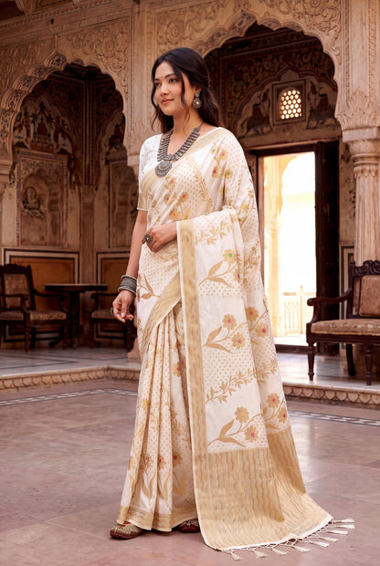 Nectarous Off White Banarasi Khadi Silk Saree With Designer Blouse Piece