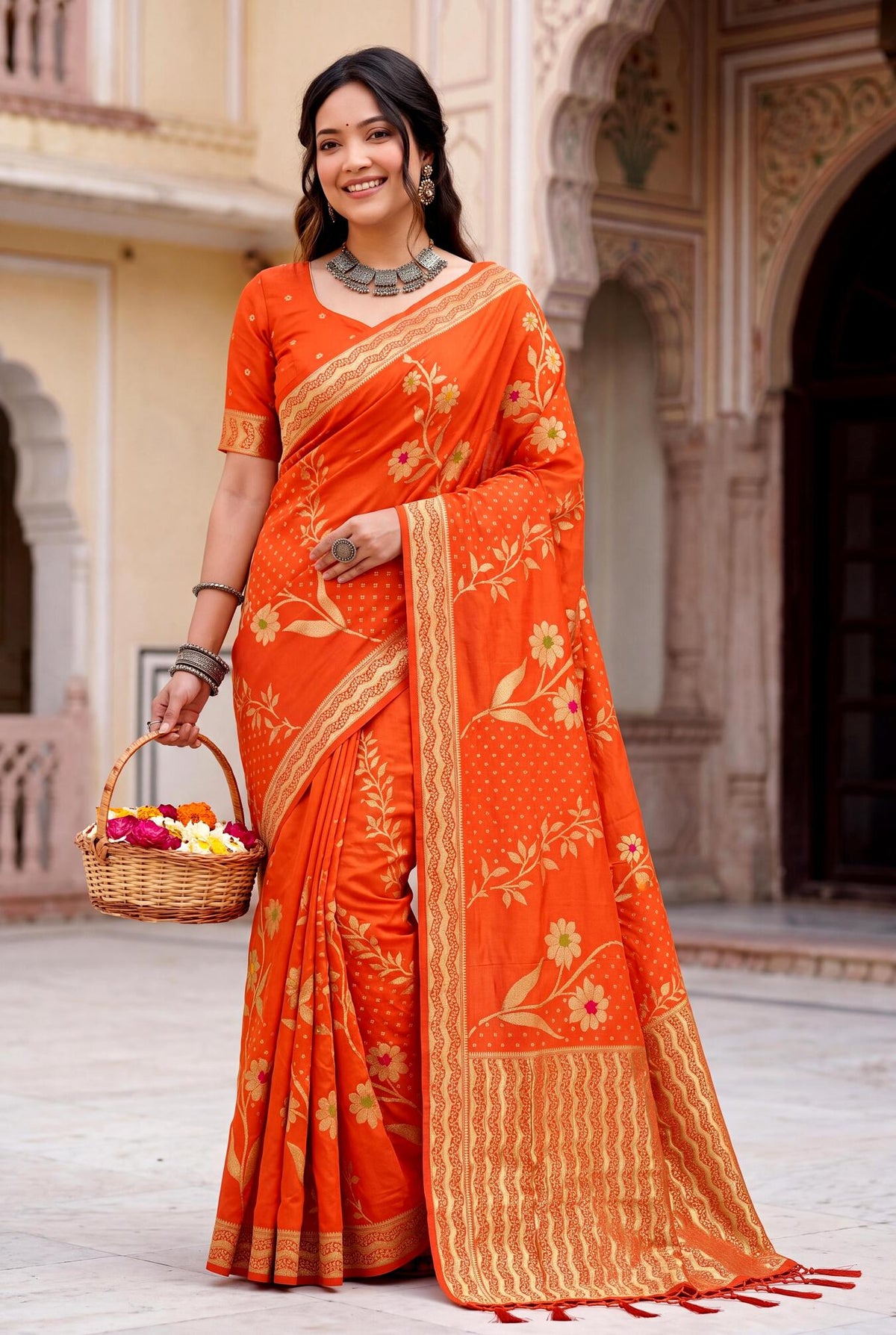 Imbrication Orange Banarasi Khadi Silk Saree With Rhapsodic Blouse Piece