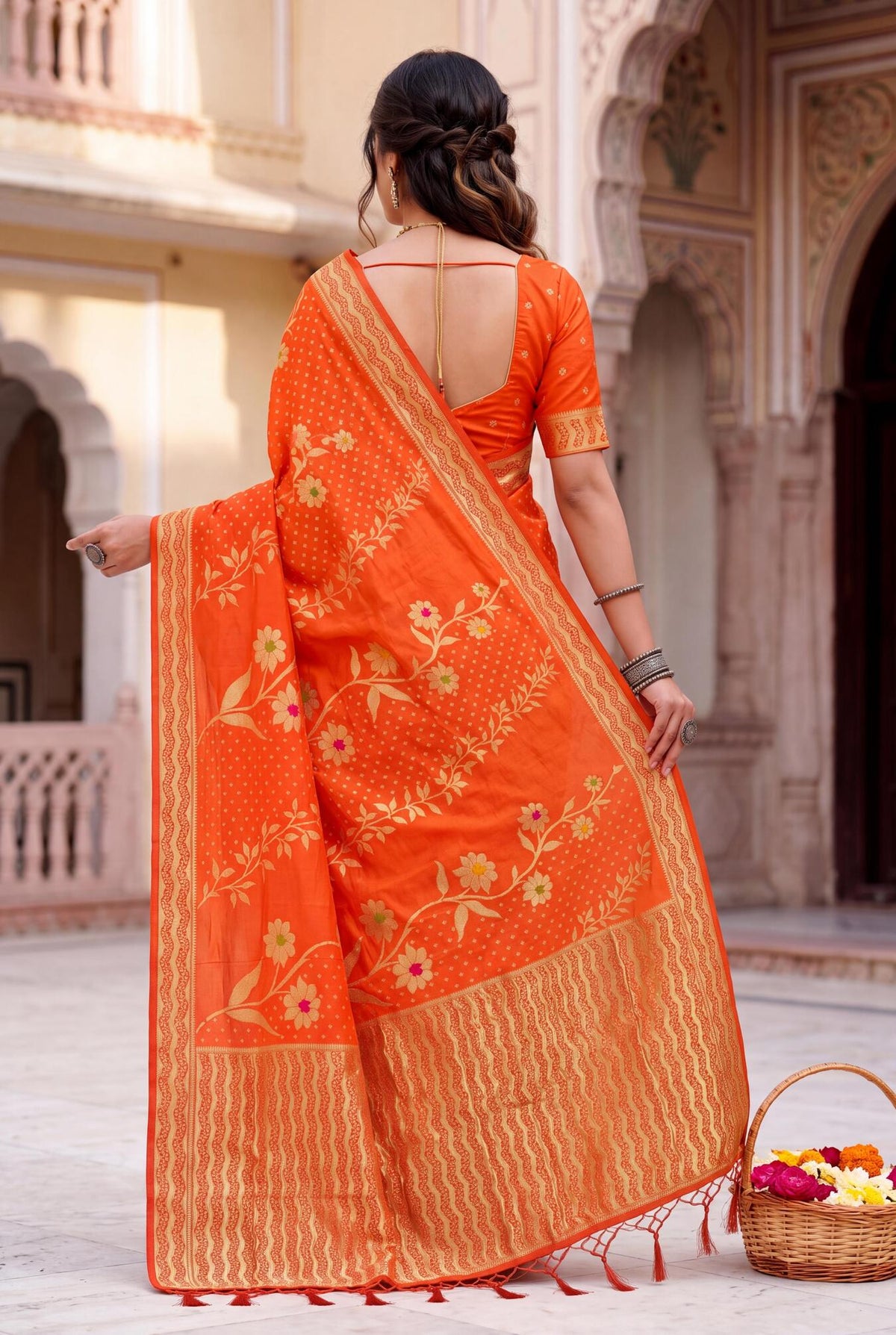 Imbrication Orange Banarasi Khadi Silk Saree With Rhapsodic Blouse Piece