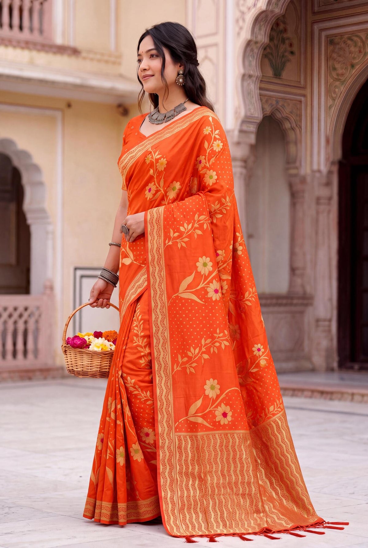 Imbrication Orange Banarasi Khadi Silk Saree With Rhapsodic Blouse Piece