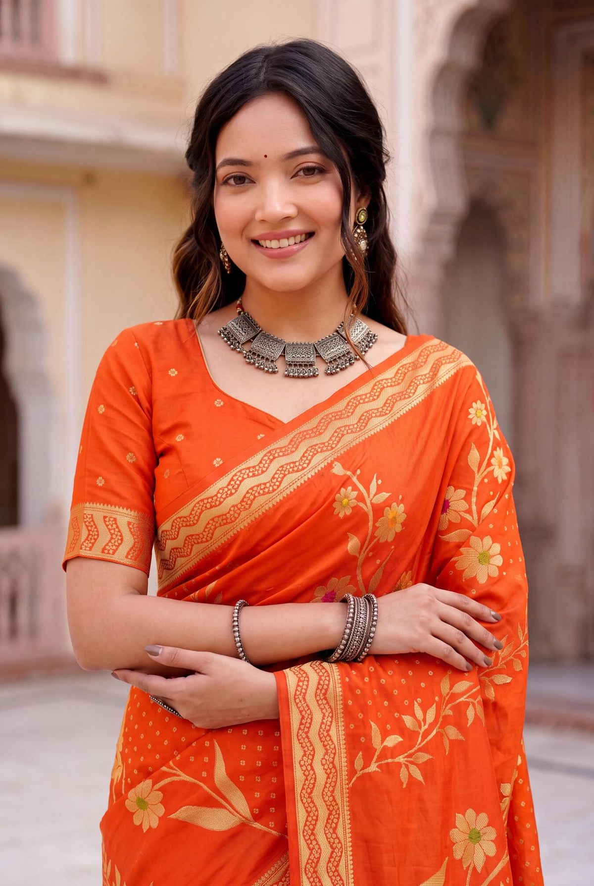 Imbrication Orange Banarasi Khadi Silk Saree With Rhapsodic Blouse Piece