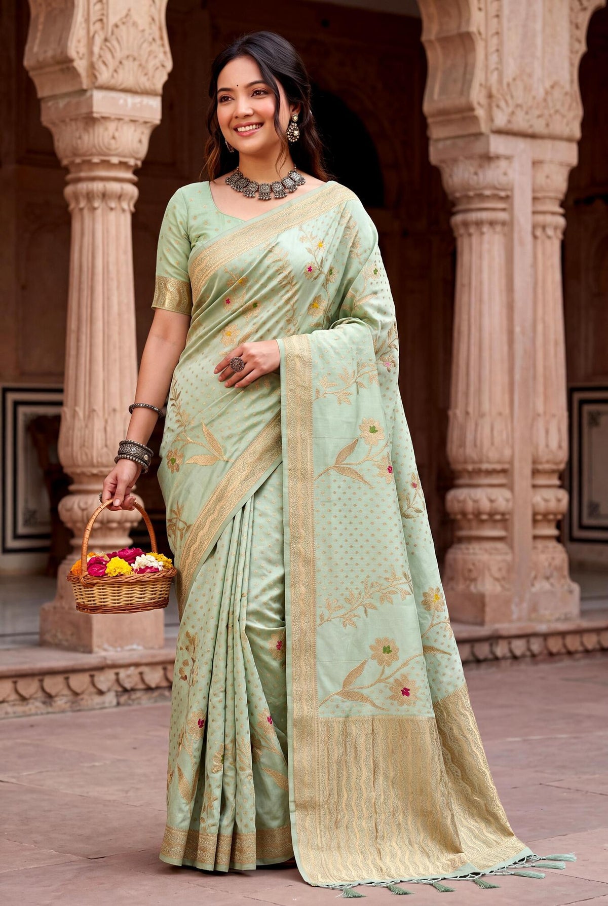 Dazzling Pista Banarasi Khadi Silk Saree With Invaluable Blouse Piece