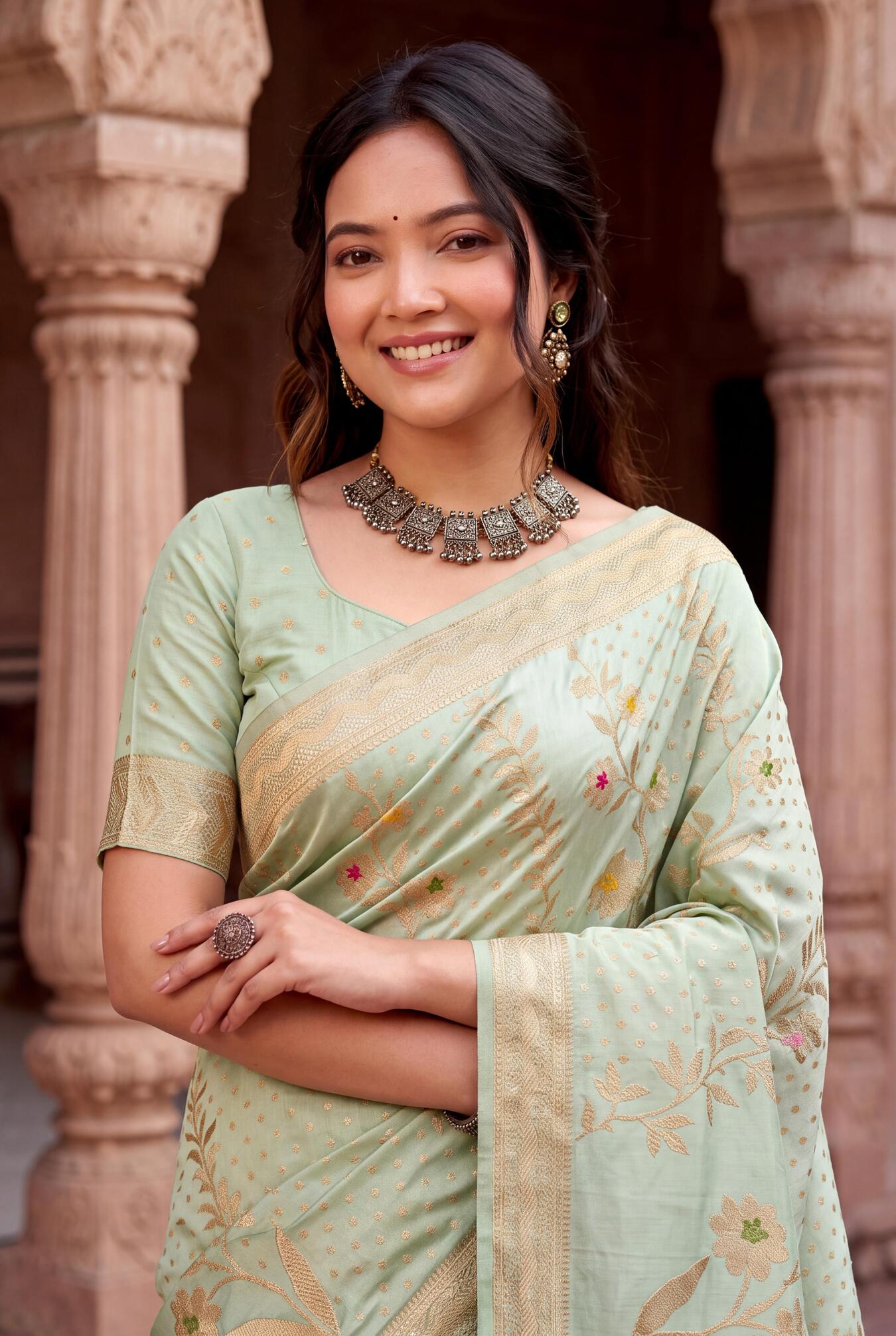 Dazzling Pista Banarasi Khadi Silk Saree With Invaluable Blouse Piece