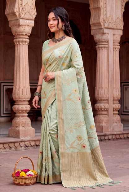 Dazzling Pista Banarasi Khadi Silk Saree With Invaluable Blouse Piece