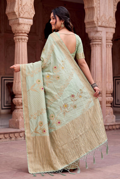 Dazzling Pista Banarasi Khadi Silk Saree With Invaluable Blouse Piece