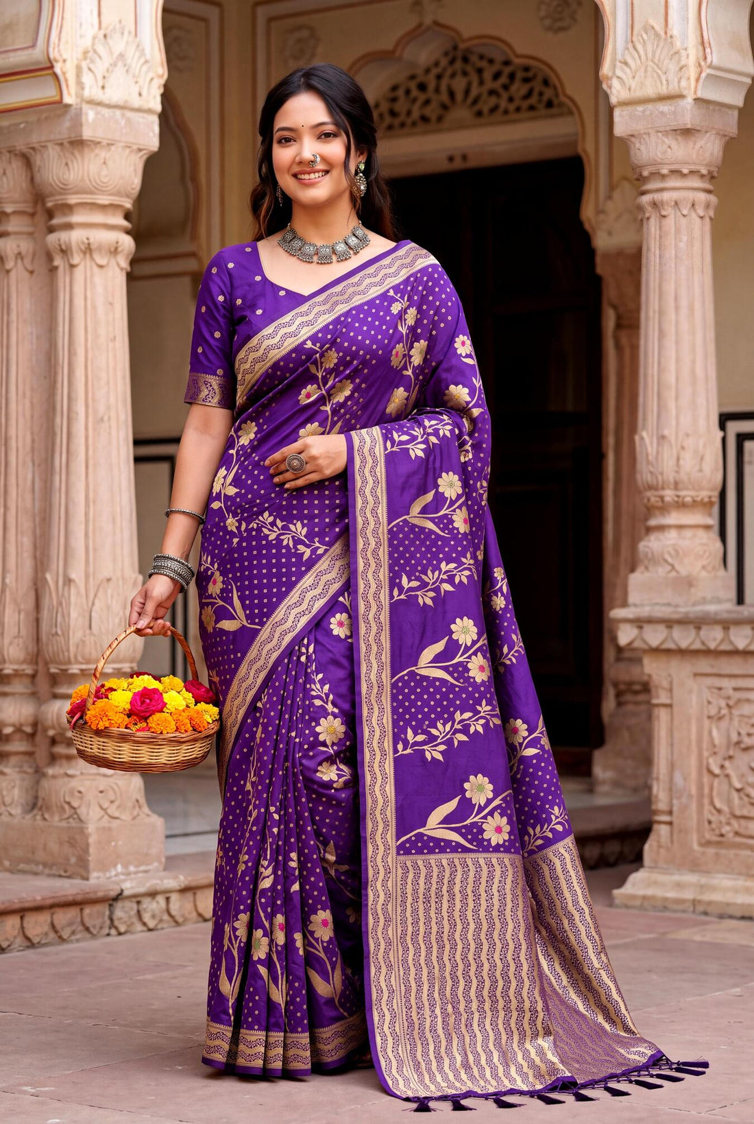 Cynosure Purple Banarasi Khadi Silk Saree With Scintillating Blouse Piece