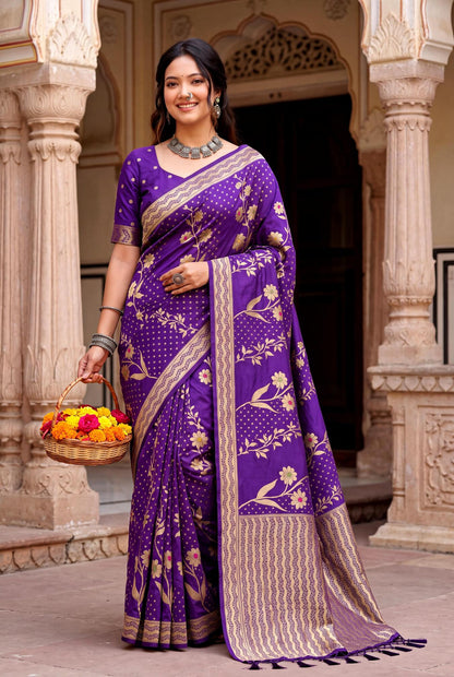 Cynosure Purple Banarasi Khadi Silk Saree With Scintillating Blouse Piece