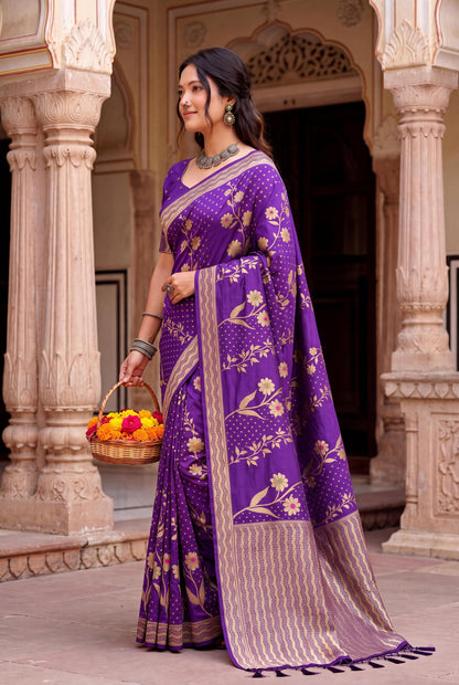 Cynosure Purple Banarasi Khadi Silk Saree With Scintillating Blouse Piece