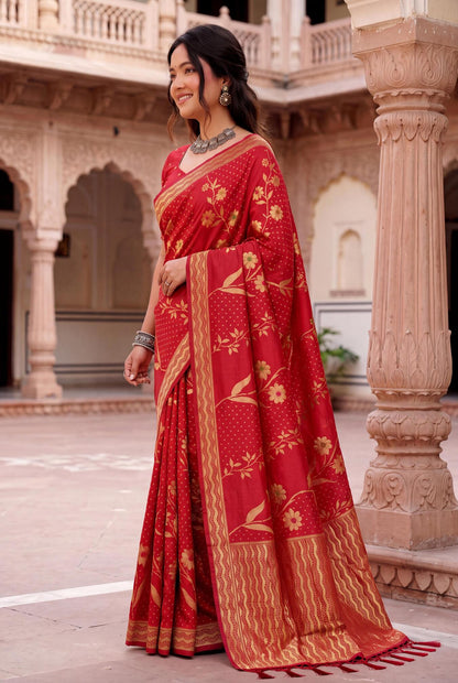 Exceptional Red Banarasi Khadi Silk Saree With Pleasant Blouse Piece