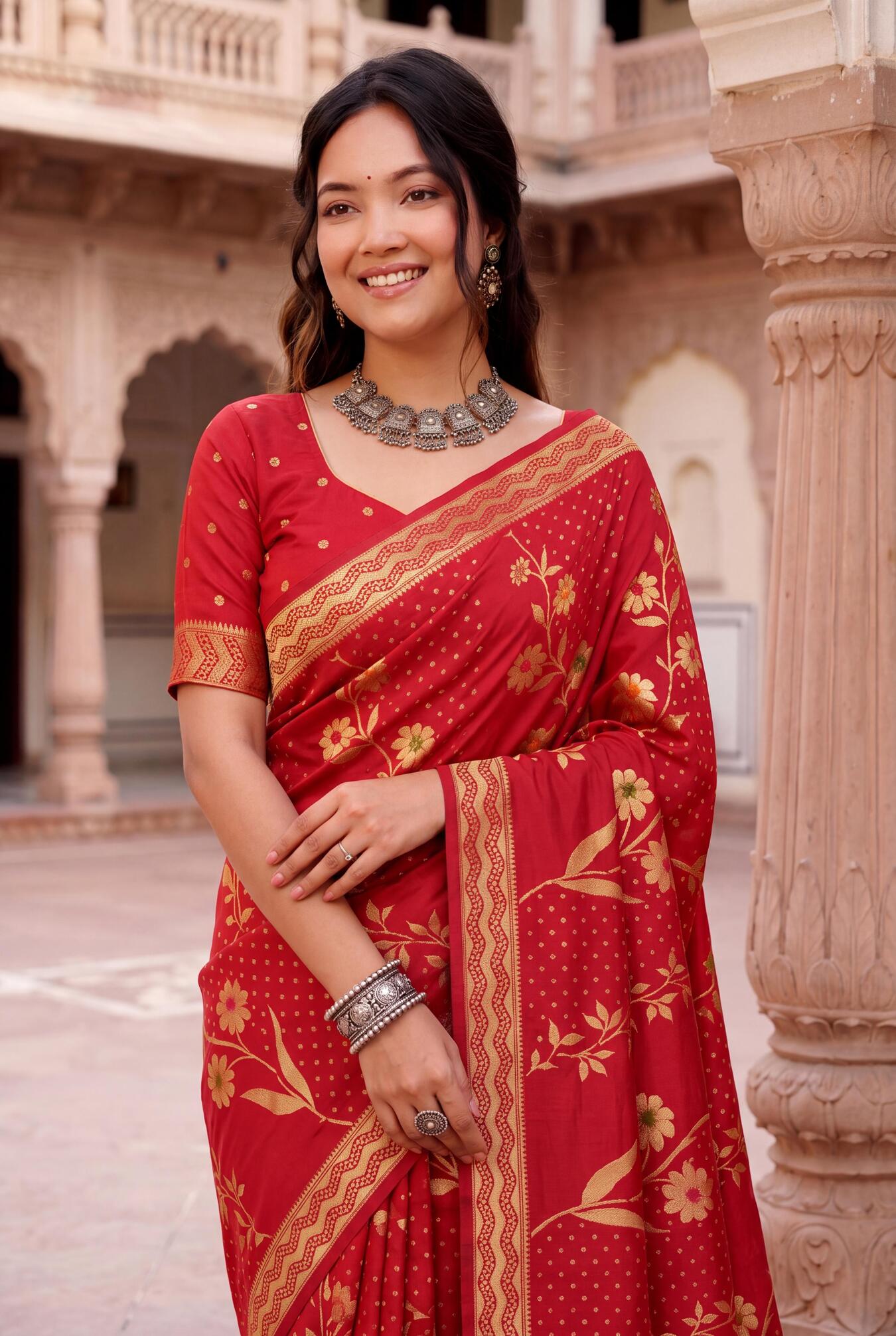Exceptional Red Banarasi Khadi Silk Saree With Pleasant Blouse Piece
