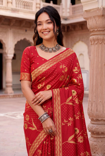 Exceptional Red Banarasi Khadi Silk Saree With Pleasant Blouse Piece