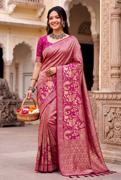 Flattering Dark Pink Khadi Georgette Banarasi Silk Saree With Ephemeral Blouse Piece