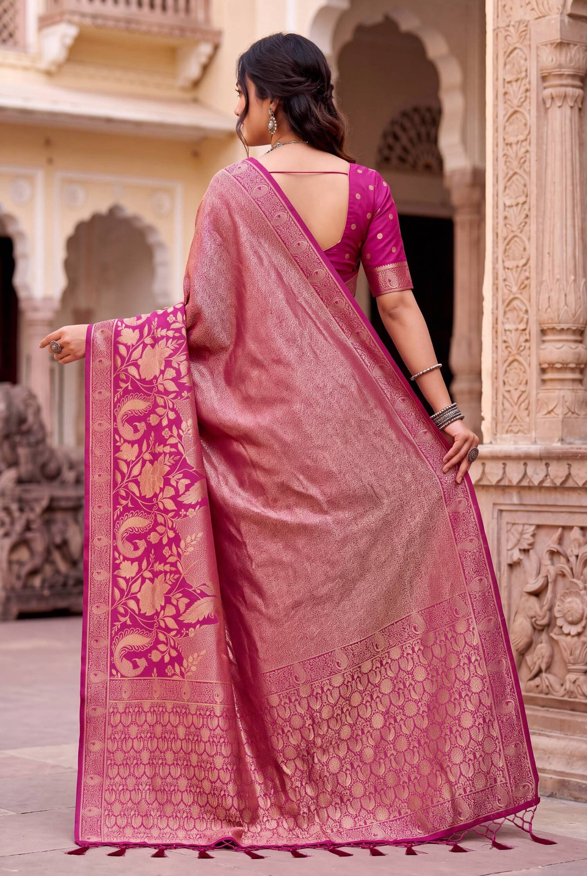 Flattering Dark Pink Khadi Georgette Banarasi Silk Saree With Ephemeral Blouse Piece