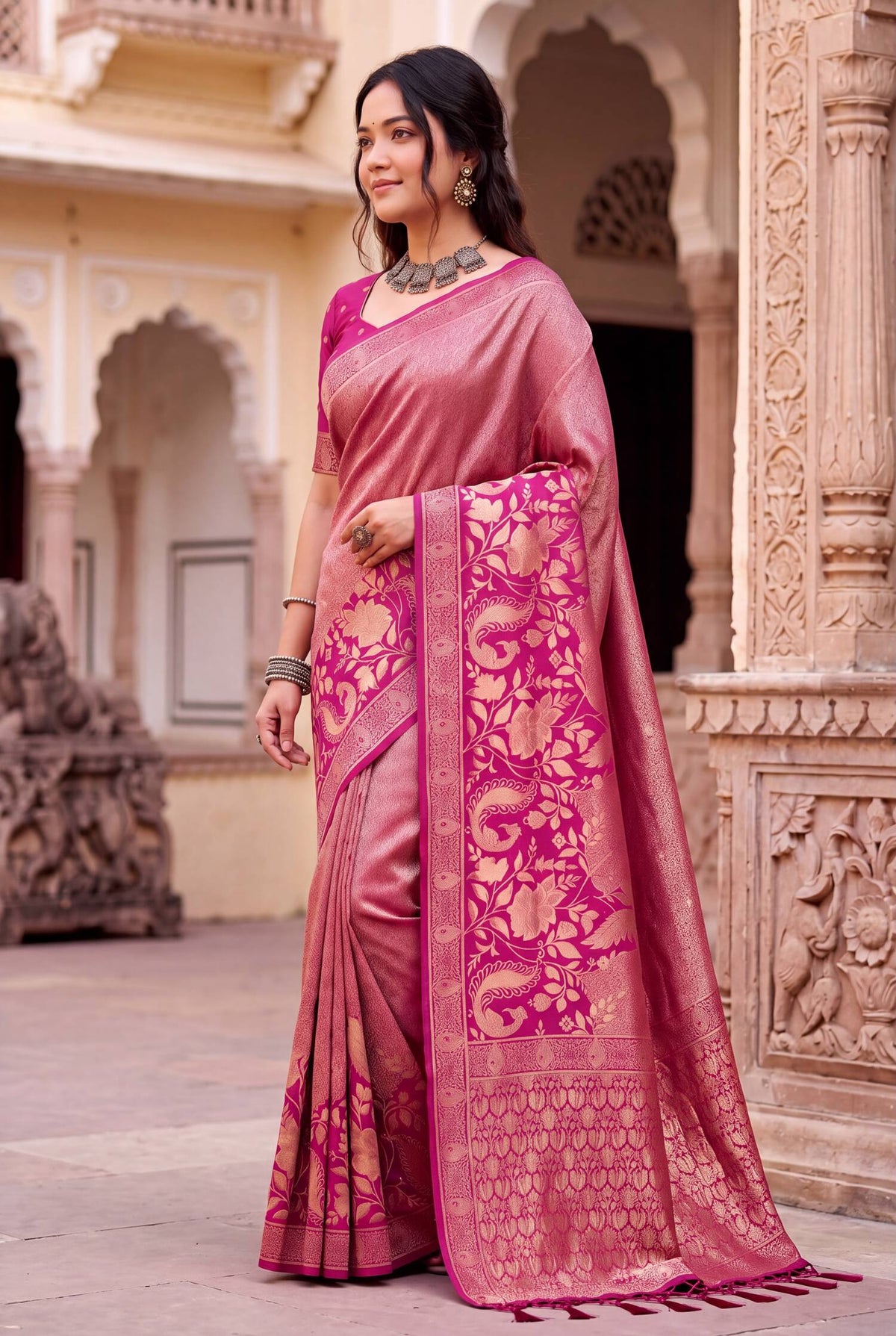 Flattering Dark Pink Khadi Georgette Banarasi Silk Saree With Ephemeral Blouse Piece