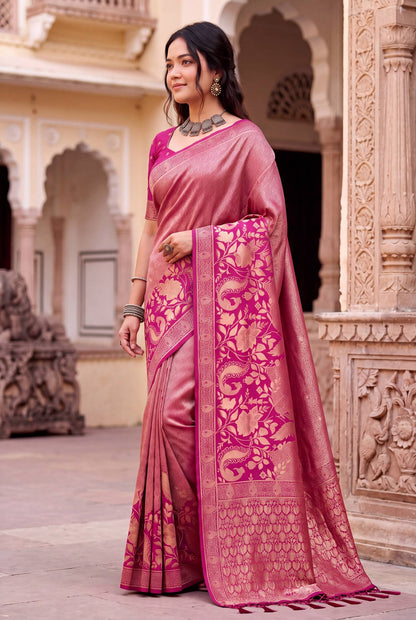 Flattering Dark Pink Khadi Georgette Banarasi Silk Saree With Ephemeral Blouse Piece