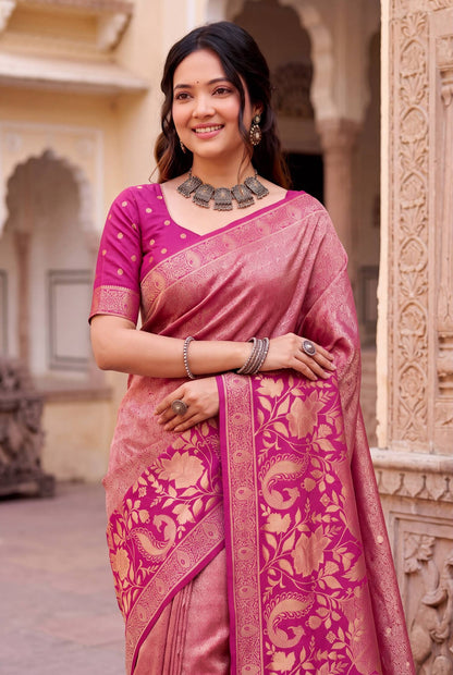 Flattering Dark Pink Khadi Georgette Banarasi Silk Saree With Ephemeral Blouse Piece
