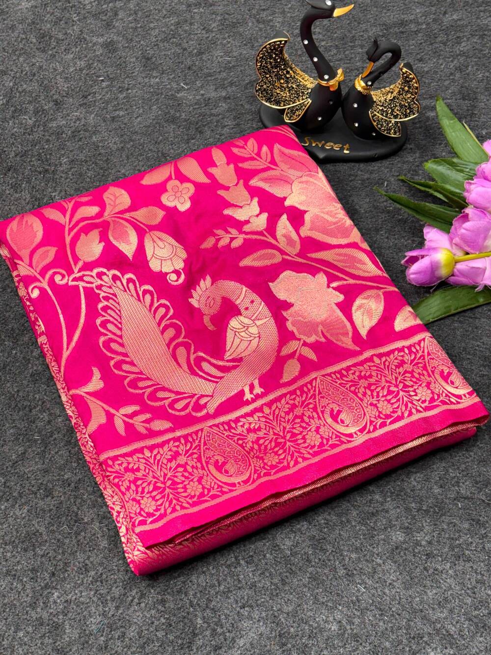 Flattering Dark Pink Khadi Georgette Banarasi Silk Saree With Ephemeral Blouse Piece