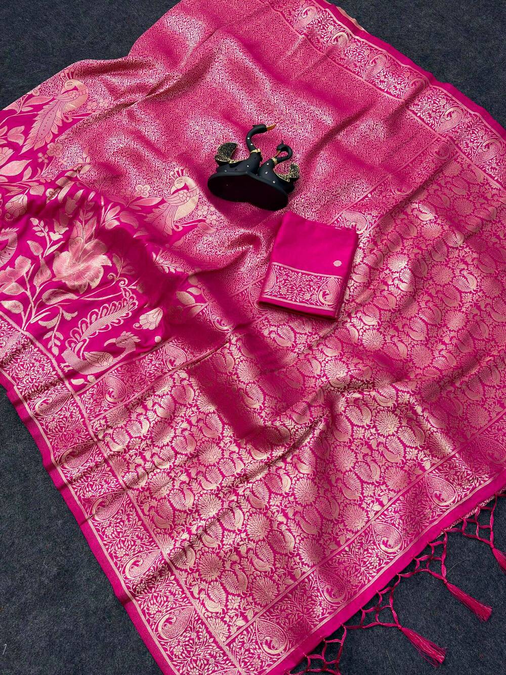 Flattering Dark Pink Khadi Georgette Banarasi Silk Saree With Ephemeral Blouse Piece