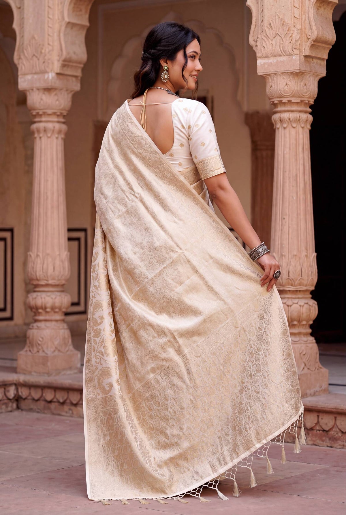 Angelic Off White Khadi Georgette Banarasi Silk Saree With Serendipity Blouse Piece