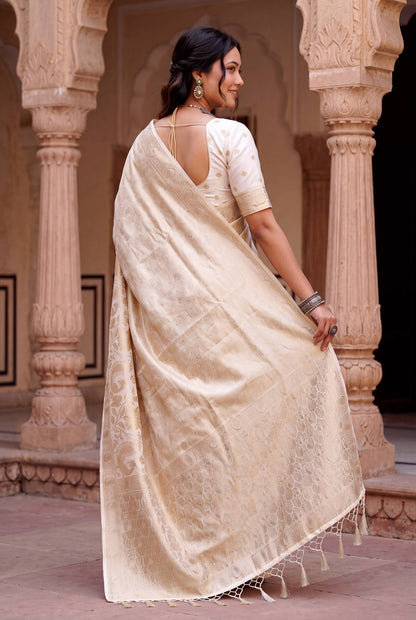 Angelic Off White Khadi Georgette Banarasi Silk Saree With Serendipity Blouse Piece