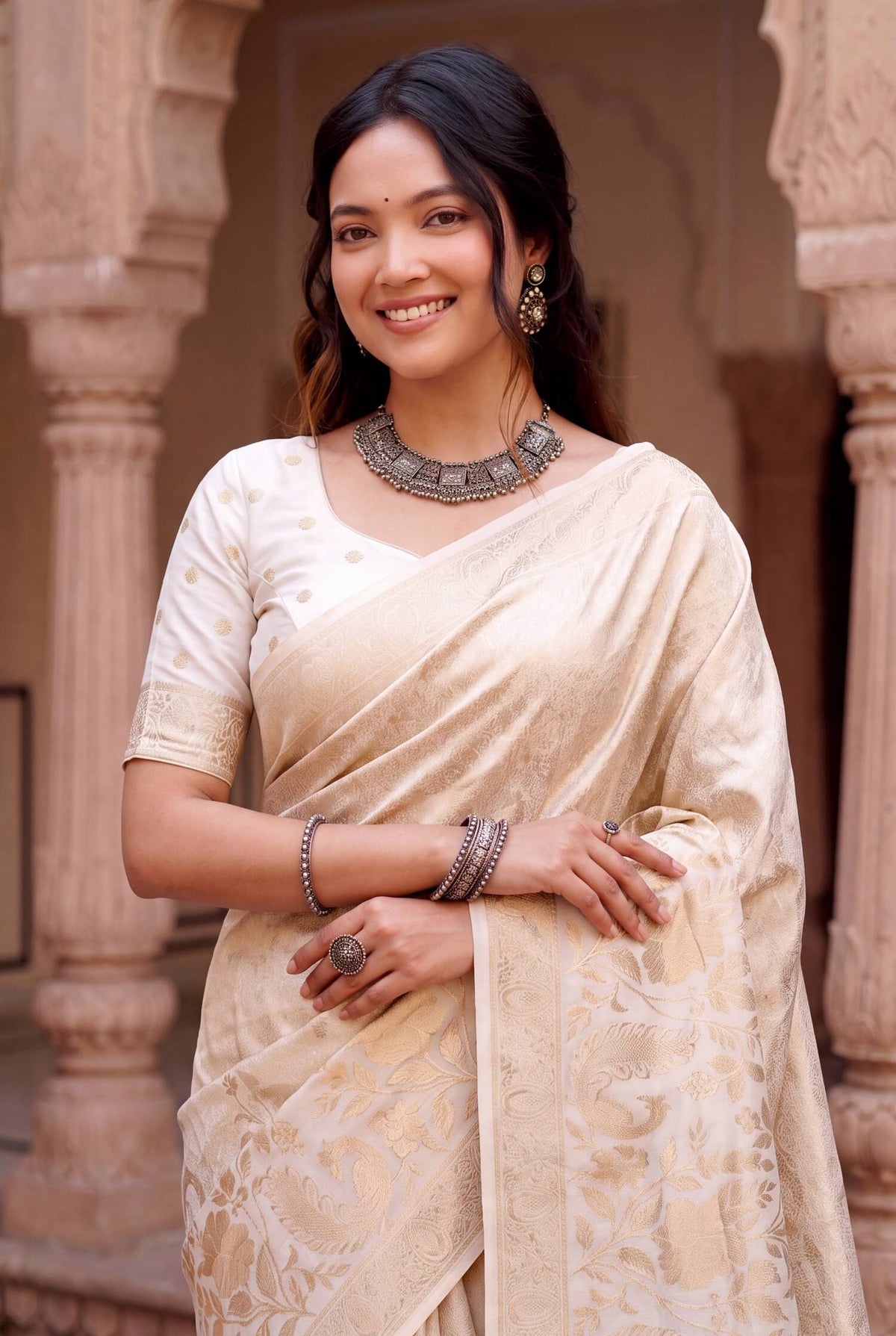 Angelic Off White Khadi Georgette Banarasi Silk Saree With Serendipity Blouse Piece