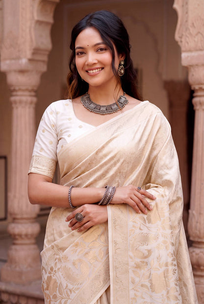 Angelic Off White Khadi Georgette Banarasi Silk Saree With Serendipity Blouse Piece