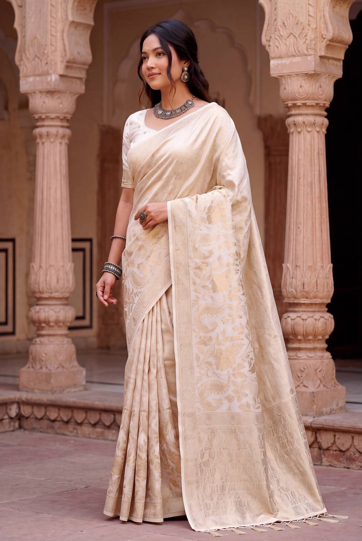 Angelic Off White Khadi Georgette Banarasi Silk Saree With Serendipity Blouse Piece