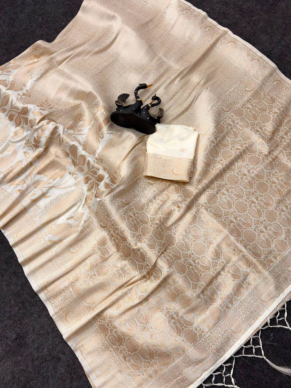 Angelic Off White Khadi Georgette Banarasi Silk Saree With Serendipity Blouse Piece