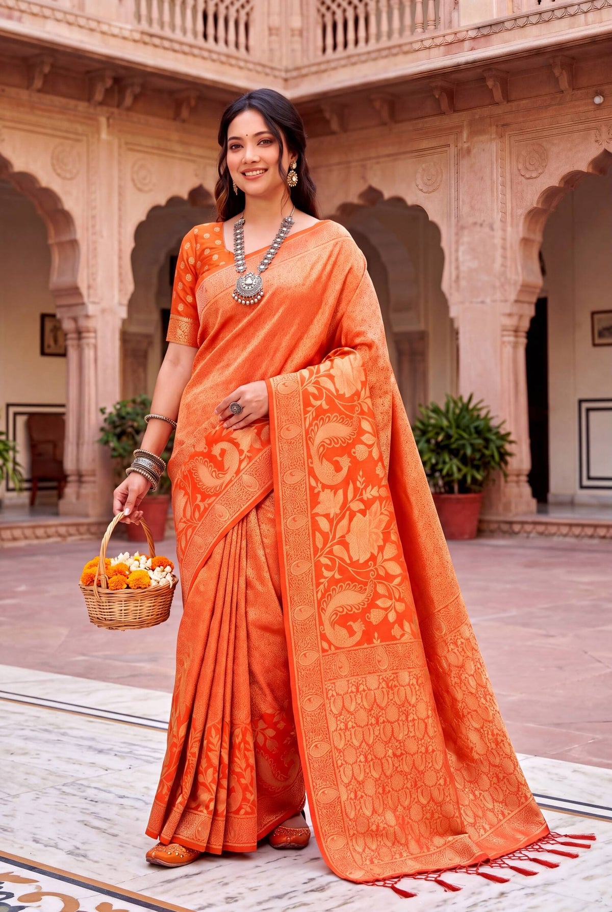Ravishing Orange Khadi Georgette Banarasi Silk Saree With Propinquity Blouse Piece