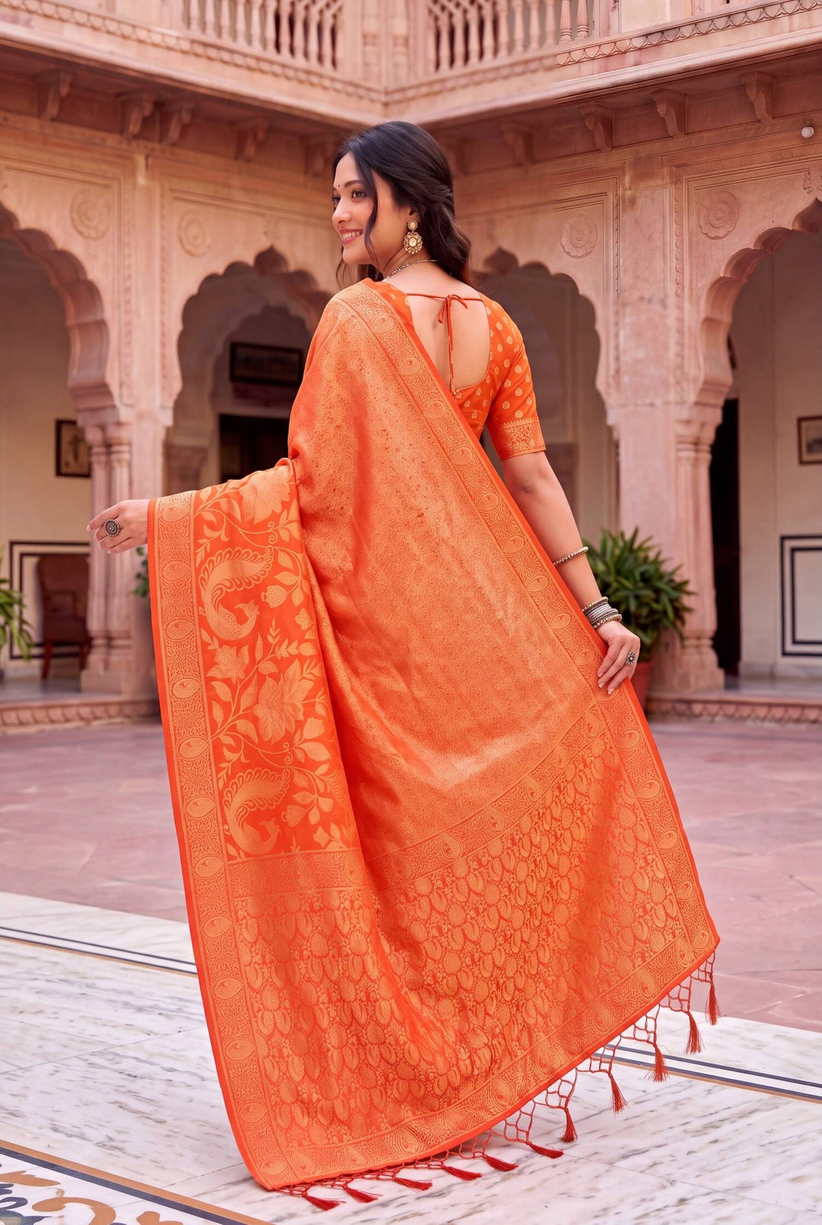 Ravishing Orange Khadi Georgette Banarasi Silk Saree With Propinquity Blouse Piece