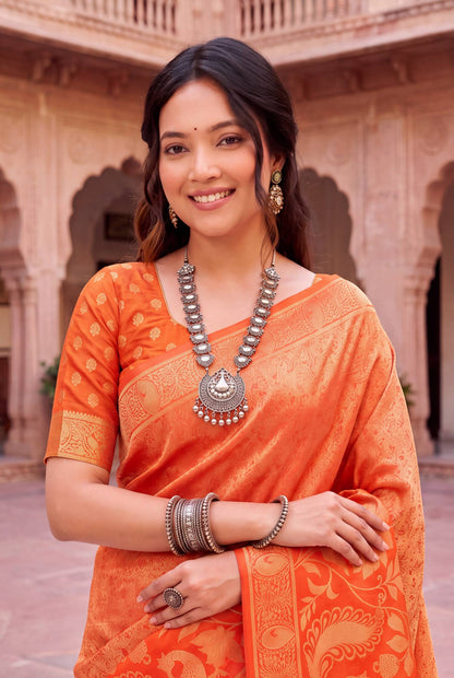 Ravishing Orange Khadi Georgette Banarasi Silk Saree With Propinquity Blouse Piece