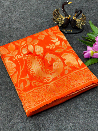 Ravishing Orange Khadi Georgette Banarasi Silk Saree With Propinquity Blouse Piece