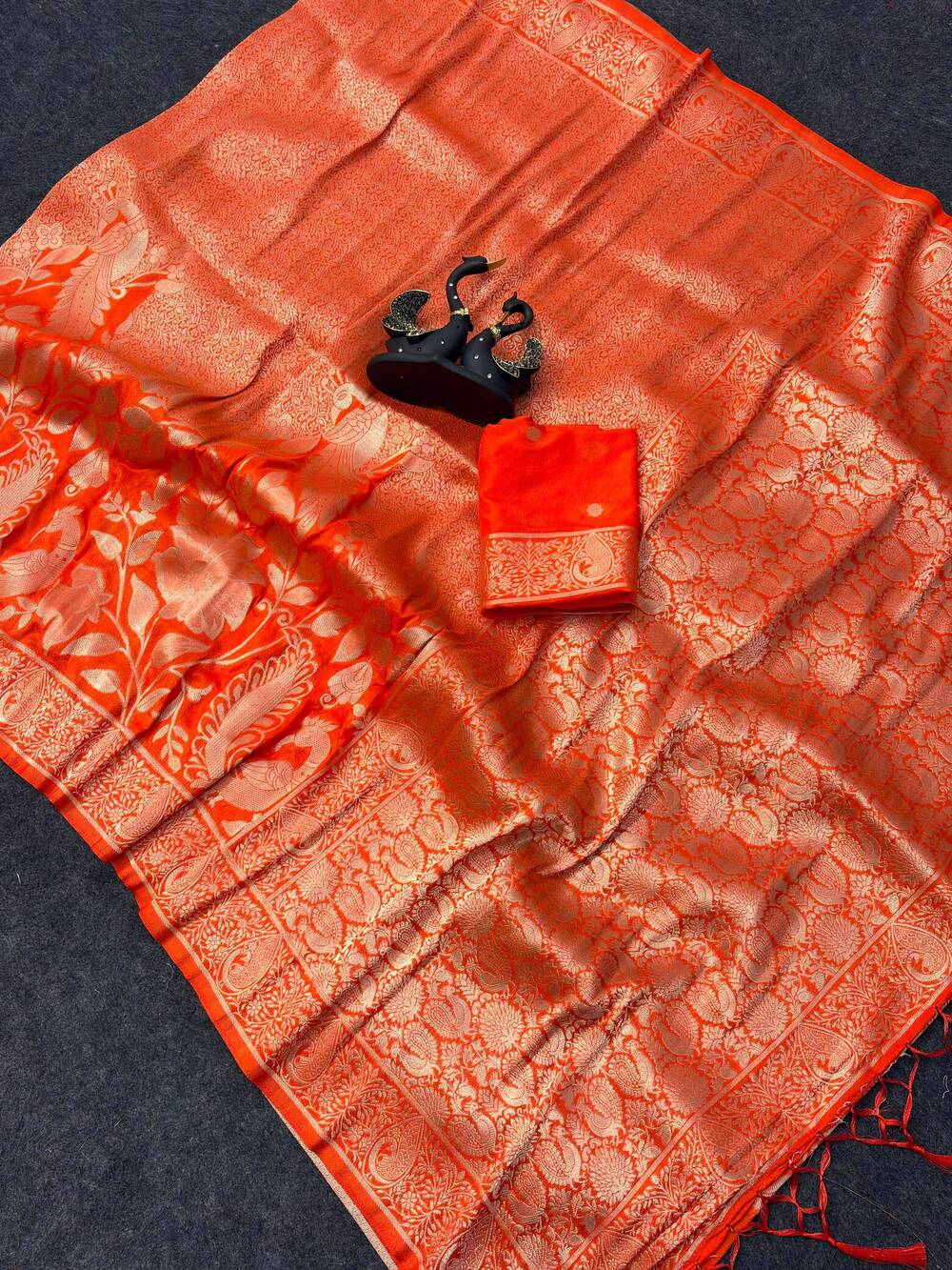 Ravishing Orange Khadi Georgette Banarasi Silk Saree With Propinquity Blouse Piece