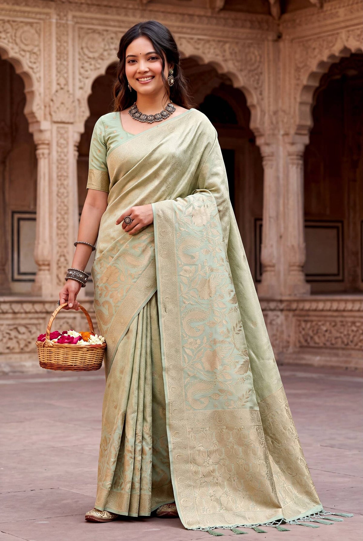 Embellished Pista Khadi Georgette Banarasi Silk Saree With Beautiful Blouse Piece