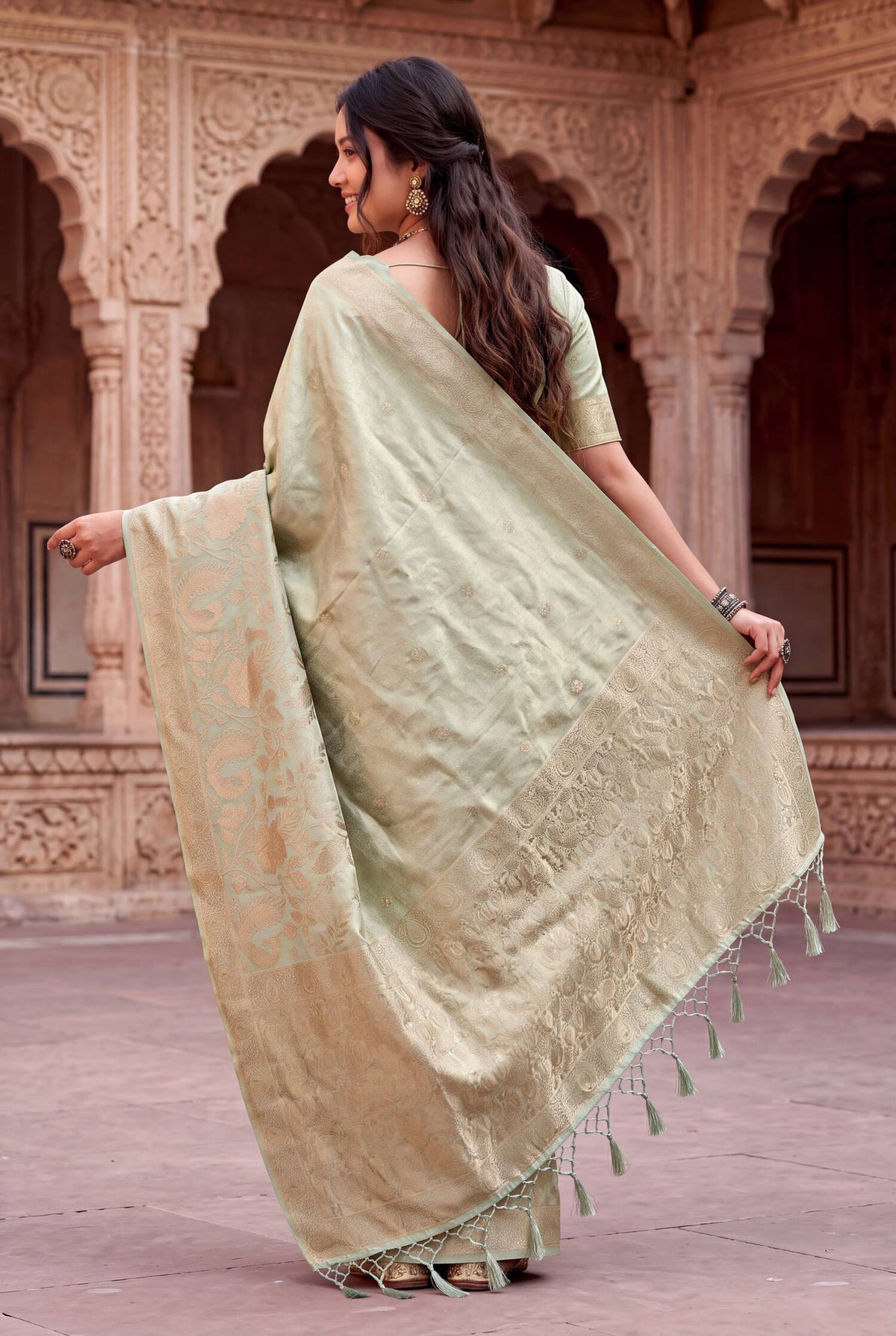 Embellished Pista Khadi Georgette Banarasi Silk Saree With Beautiful Blouse Piece
