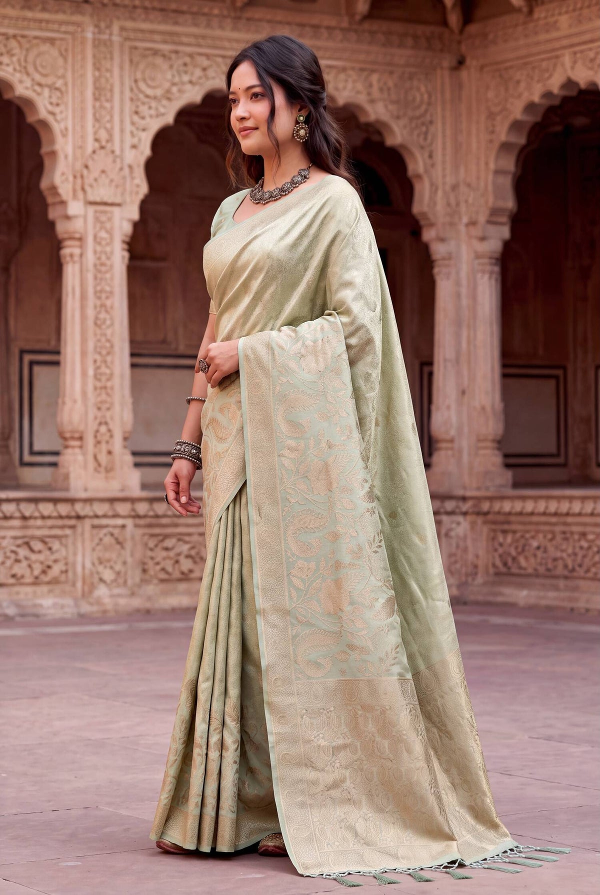 Embellished Pista Khadi Georgette Banarasi Silk Saree With Beautiful Blouse Piece
