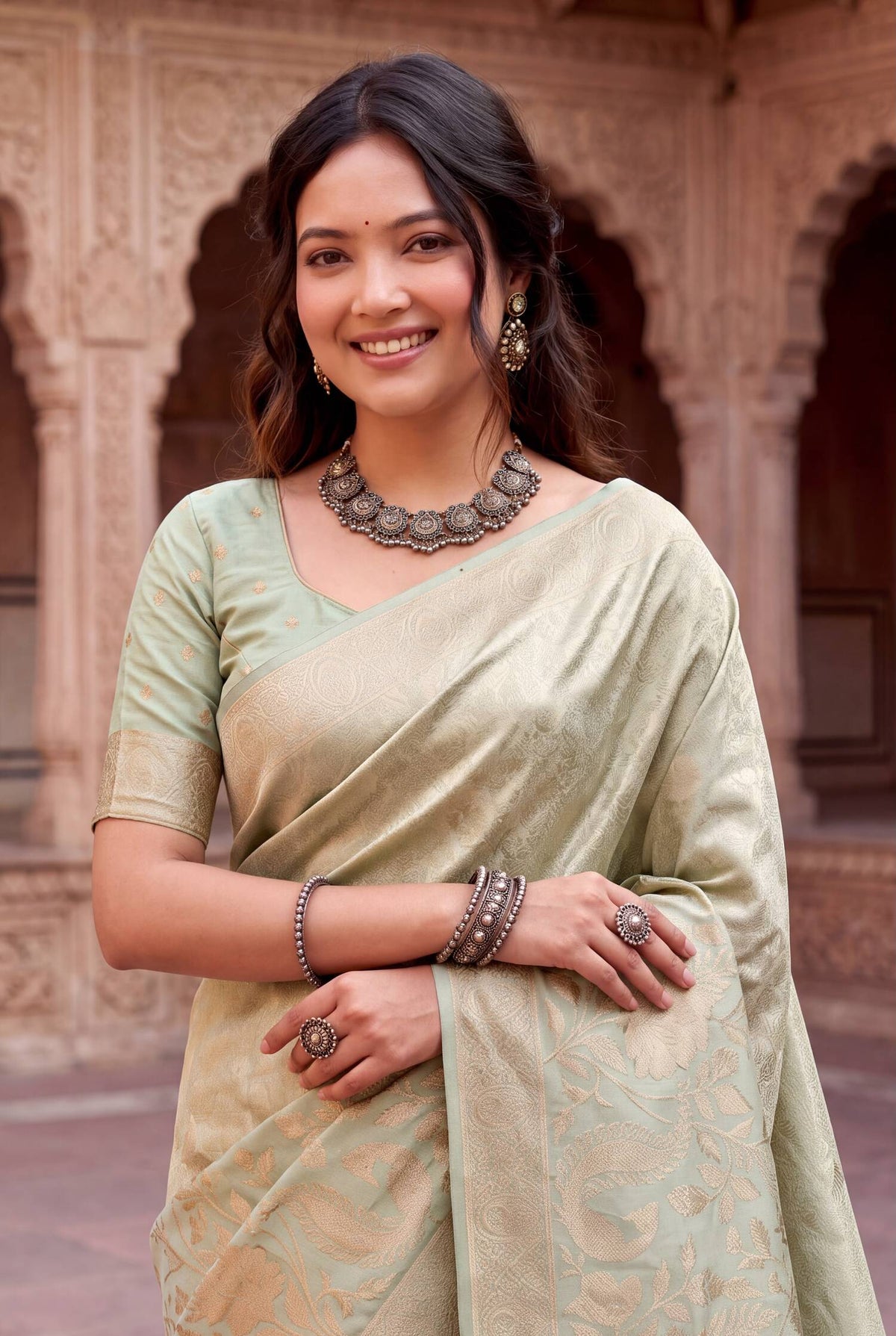 Embellished Pista Khadi Georgette Banarasi Silk Saree With Beautiful Blouse Piece