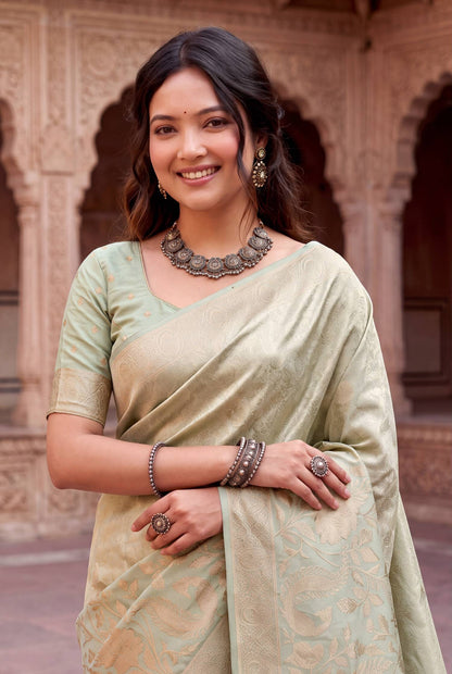 Embellished Pista Khadi Georgette Banarasi Silk Saree With Beautiful Blouse Piece