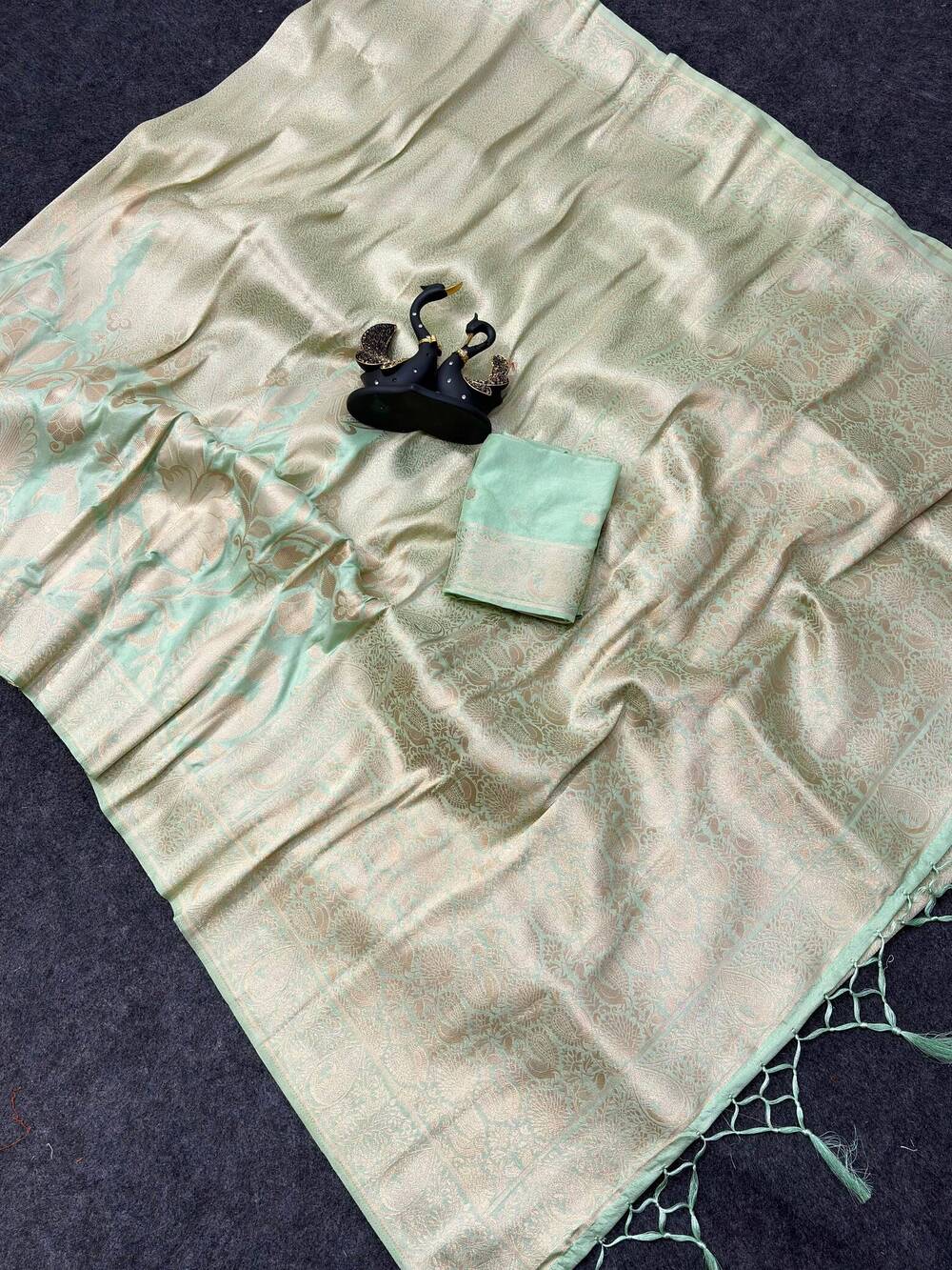 Embellished Pista Khadi Georgette Banarasi Silk Saree With Beautiful Blouse Piece