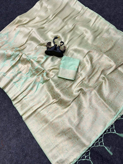 Embellished Pista Khadi Georgette Banarasi Silk Saree With Beautiful Blouse Piece