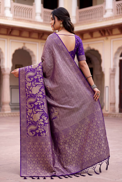 Mesmeric Purple Khadi Georgette Banarasi Silk Saree With Transcendent Blouse Piece