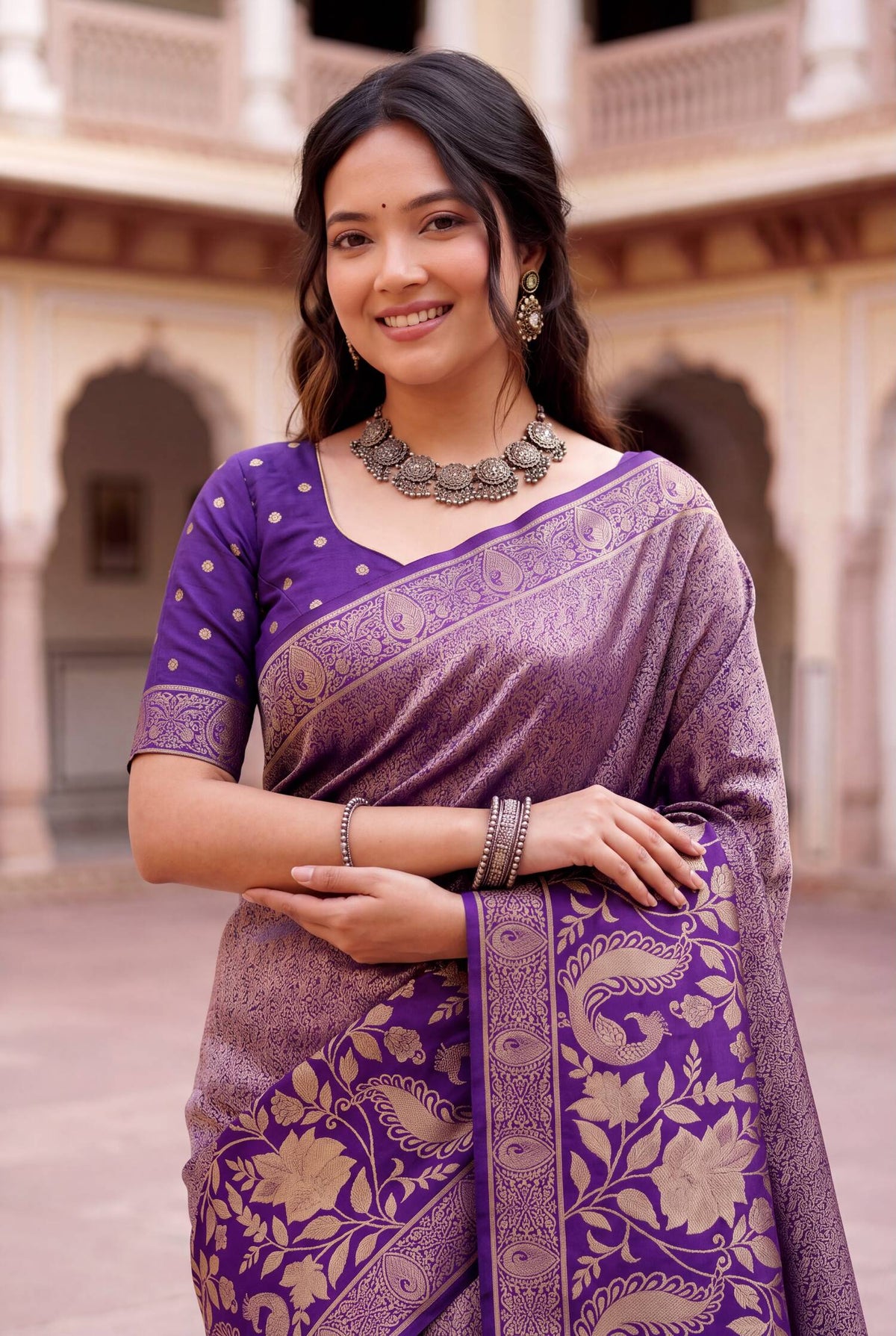 Mesmeric Purple Khadi Georgette Banarasi Silk Saree With Transcendent Blouse Piece