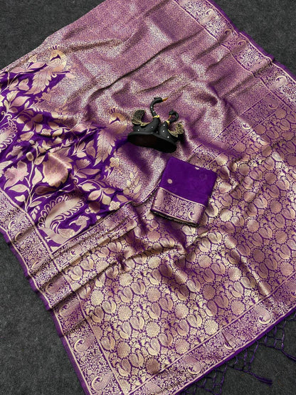 Mesmeric Purple Khadi Georgette Banarasi Silk Saree With Transcendent Blouse Piece