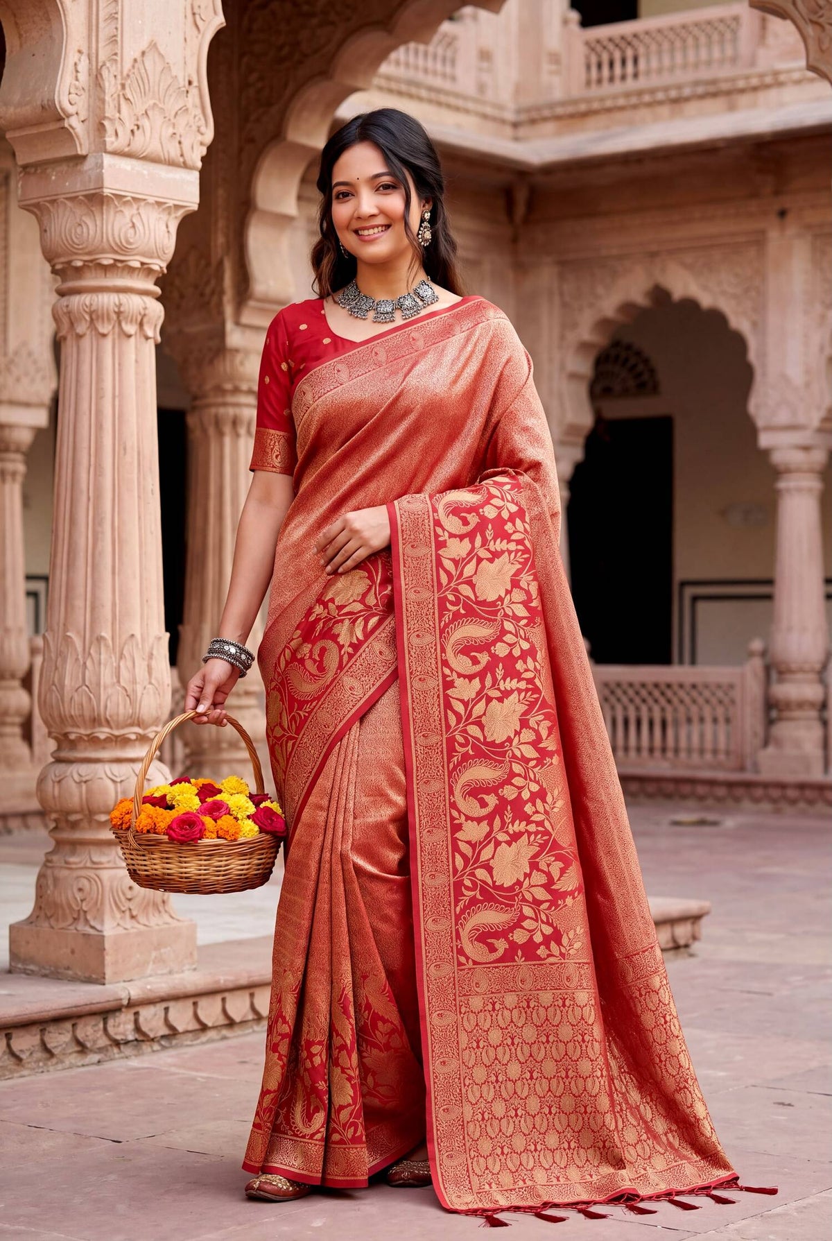 Desultory Red Khadi Georgette Banarasi Silk Saree With Panache Blouse Piece