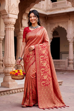 Desultory Red Khadi Georgette Banarasi Silk Saree With Panache Blouse Piece