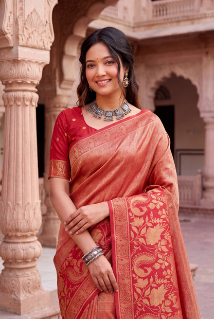 Desultory Red Khadi Georgette Banarasi Silk Saree With Panache Blouse Piece