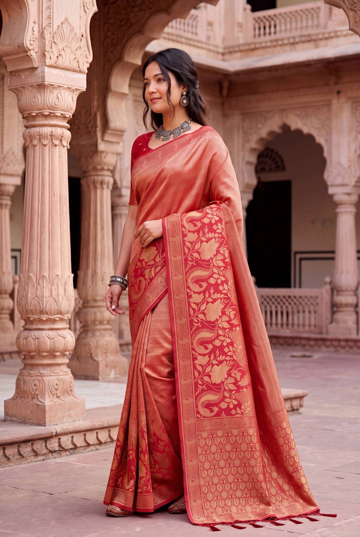 Desultory Red Khadi Georgette Banarasi Silk Saree With Panache Blouse Piece