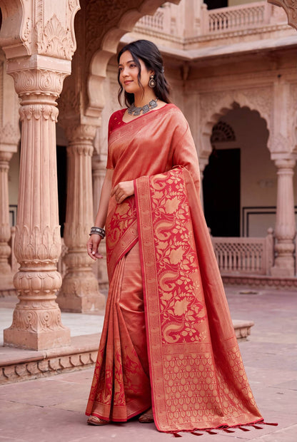 Desultory Red Khadi Georgette Banarasi Silk Saree With Panache Blouse Piece