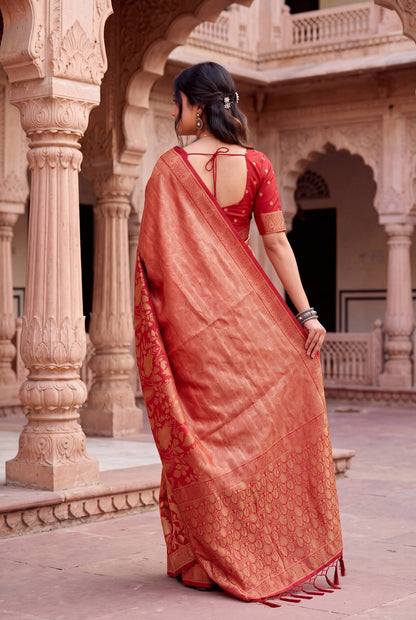 Desultory Red Khadi Georgette Banarasi Silk Saree With Panache Blouse Piece