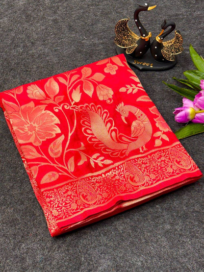 Desultory Red Khadi Georgette Banarasi Silk Saree With Panache Blouse Piece
